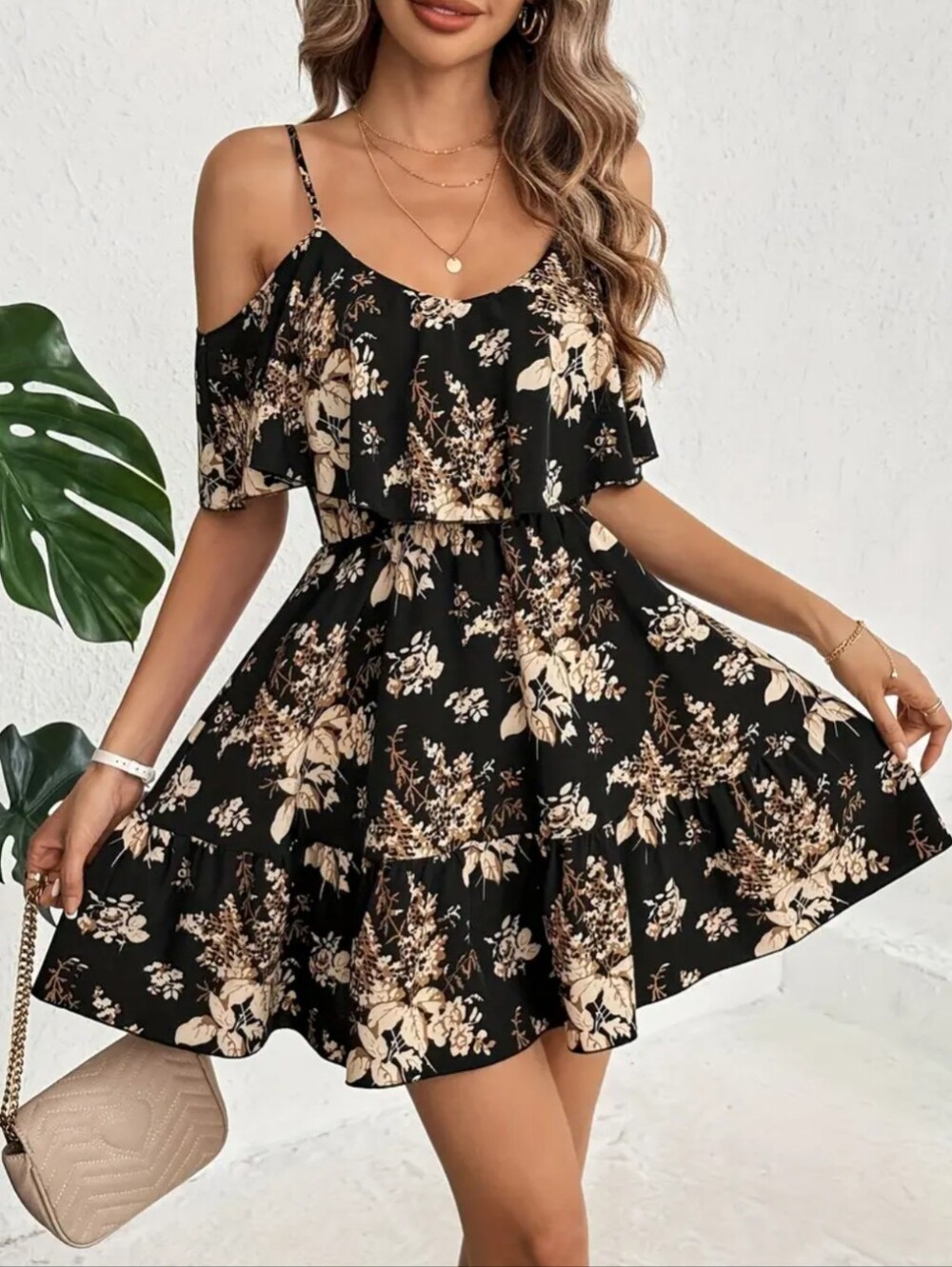 Women's Spring And Summer Flower Printed Suspender With Ruffle Edge
